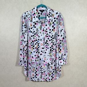 01547 Slim Factor white w/black, pink & multi-color polka dot blouse M